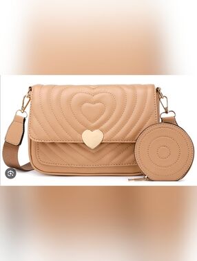 Quilted Heart Crossbody Bag in Beige with Gold Heart Clasp
